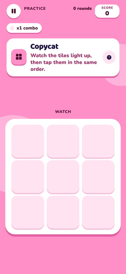 Copycat, a Memory game: watch the tiles light up, then tap them in order